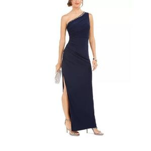 Adrianna Papell One-Shoulder Jersey Gown Navy Blue Sz 2